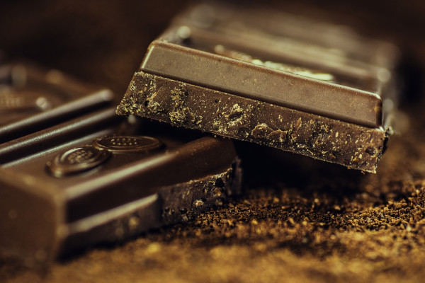 A close up cross section of a dark chocolate bar leaning against another. The bars have a design of a cocoa bean on each sqaure.