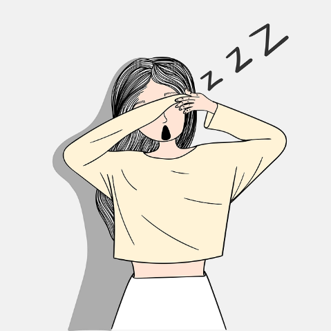 Cartoon drawing of a tired woman in a yellow jumper against a light blue background. Her mouth is wide open in a yawn with one arm pulled over her eyes. There are three letter Z's coming off her head.  