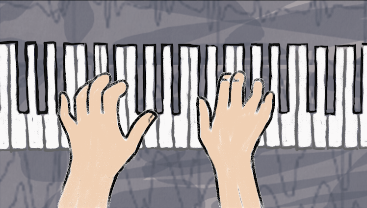 Hand drawn cartoon of hands playing a piano