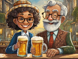 Firefly A cartoon image of a mixed ethnicity extremely old man and woman each with a pint of beer 63