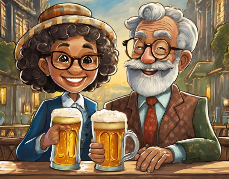 Firefly A cartoon image of a mixed ethnicity extremely old man and woman each with a pint of beer 63