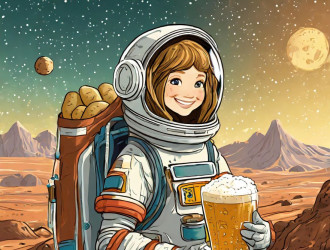 Firefly an astronaut standing on the surface of mars holding a pint of beer in one hand and a bag of