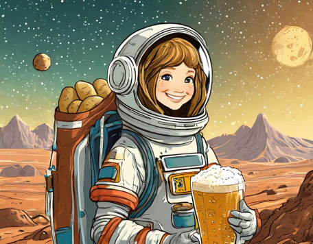 Firefly an astronaut standing on the surface of mars holding a pint of beer in one hand and a bag of