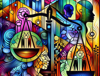 A vibrant and abstract image with a theme of gendered justice and social dynamics of prison spaces.